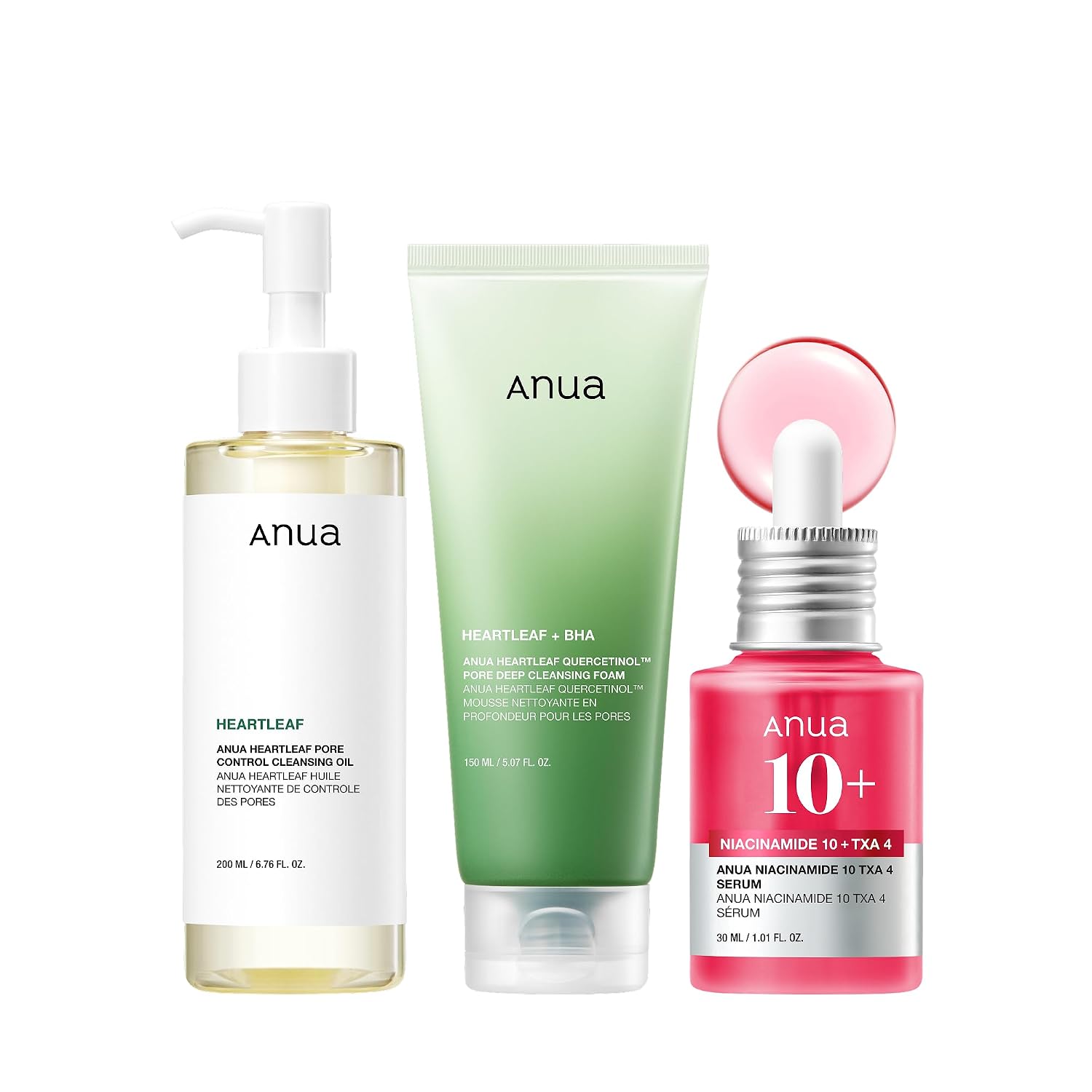 Anua 3-Step Glass Skin Beginner Kit | Oil Cleanser and Face Wash with Facial Serum, Double Cleansing Daily Routine with Niacinamide, Korean Skincare