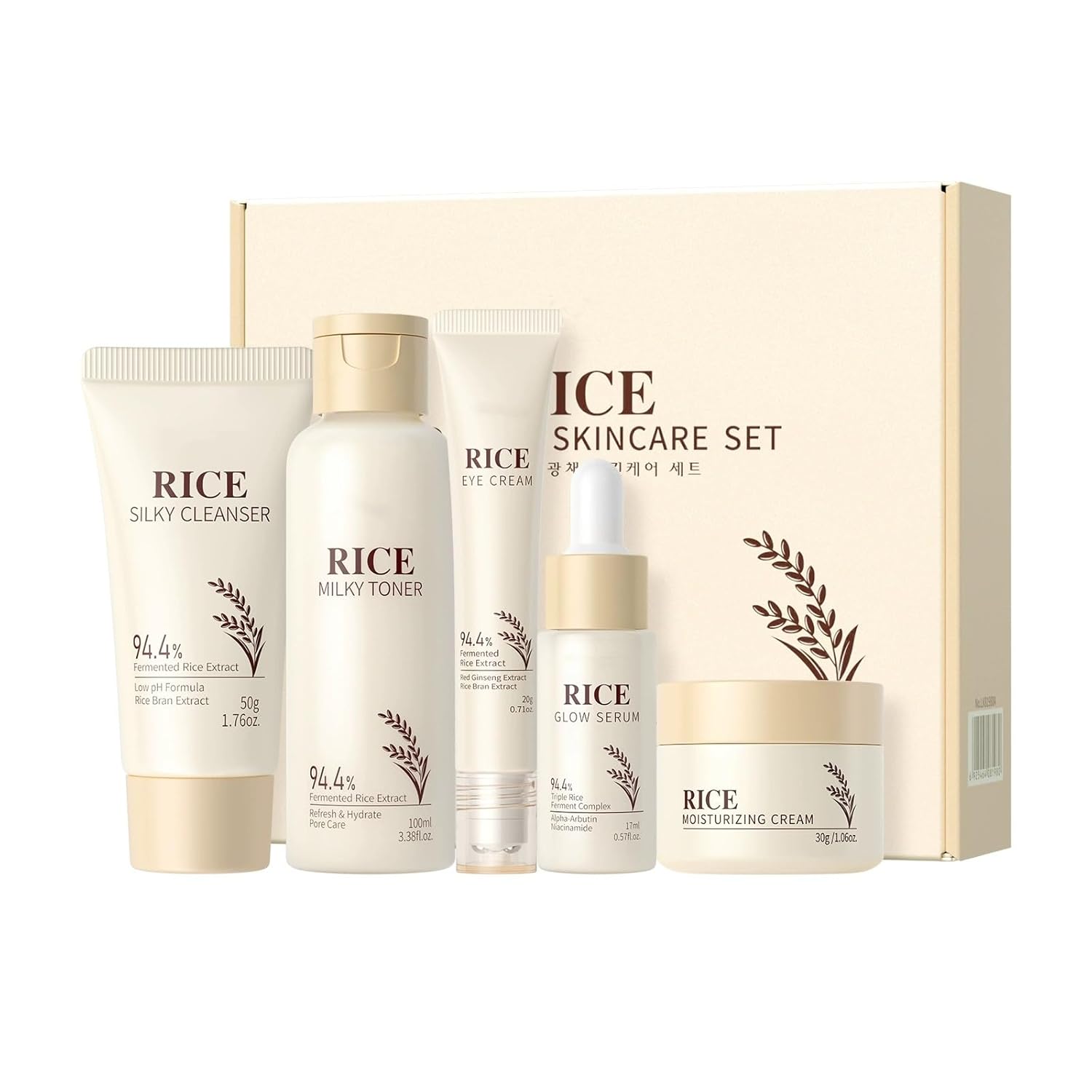 Moisturizing Korean Rice Skin Care Set – Radiance Skincare 5-Step Routine with Rice Cleanser, Toner, Serum, Face Cream, Eye Cream, Hyaluronic Acid & Ceramides for Glowing Skin, All Skin Types