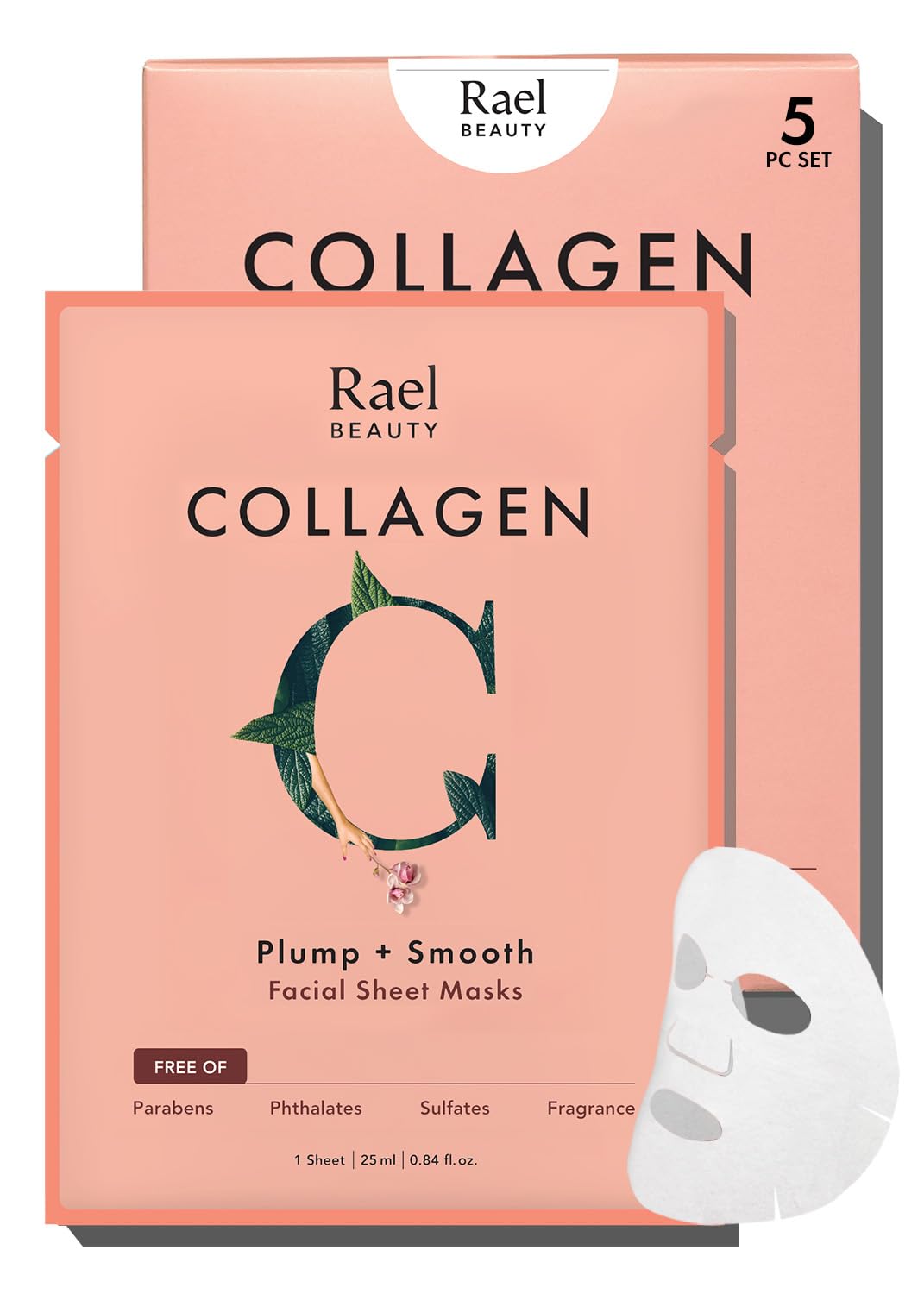 Rael Bamboo Face Sheet Masks, Daily Hydration Skincare (Collagen, 5 Ct) | Hydrolyzed Collagen, Wheat Amino Acid, Licorice Root Extract, Hydrating & Nourishing, Korean Skincare, All Skin Types