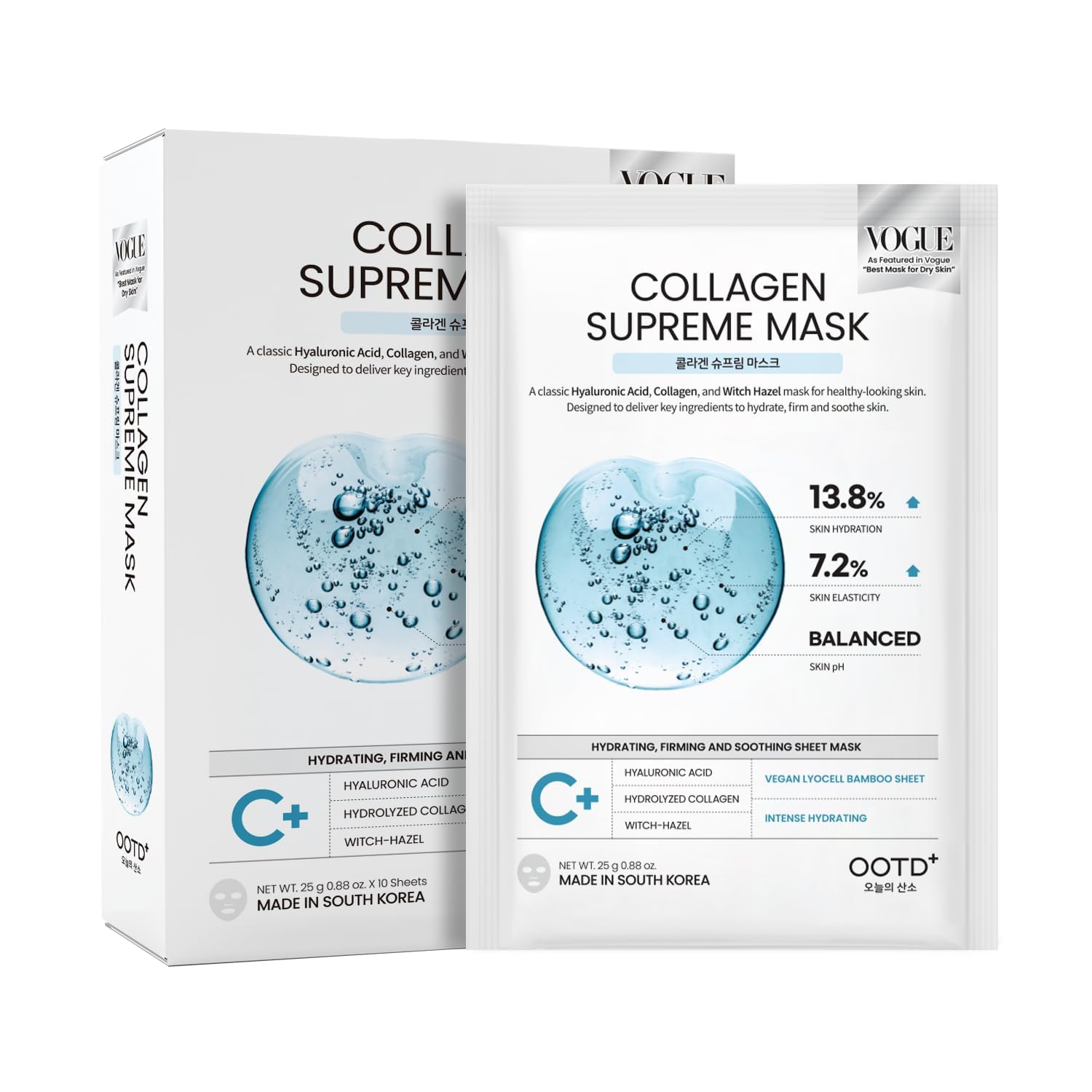 #OOTD Collagen Supreme Mask, Korean Hyaluronic Acid Face Mask,10-Pack | Korean sheet mask with collagen, hyaluronic acid, witch hazel to firm, plump, hydrate and soothe dry, sensitive skin, Vagan