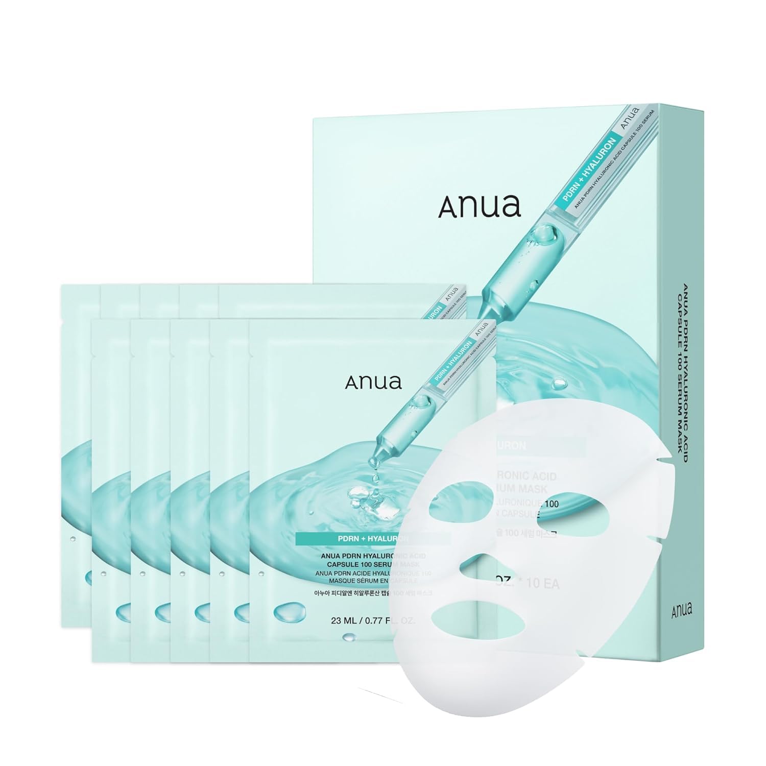 Anua PDRN Hyaluronic Acid Capsule 100 Serum Mask, Hydrating & Soothing Face Mask for Glass Skin, Dewy Glow and Firm Looking Skin, Salmon DNA & Collagen, Lightweight Texture, Korean Skin Care (10EA)