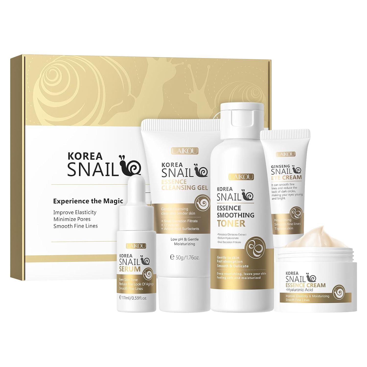 LAIKOU Korean Skin Care, Skin care set, Snail Skin Care Kit 5pcs | Cleansing Gel, Toner, Eye Cream, Serum, Essence Cream for Women Teen Girls Mom Daughter Mother's Day Birthday