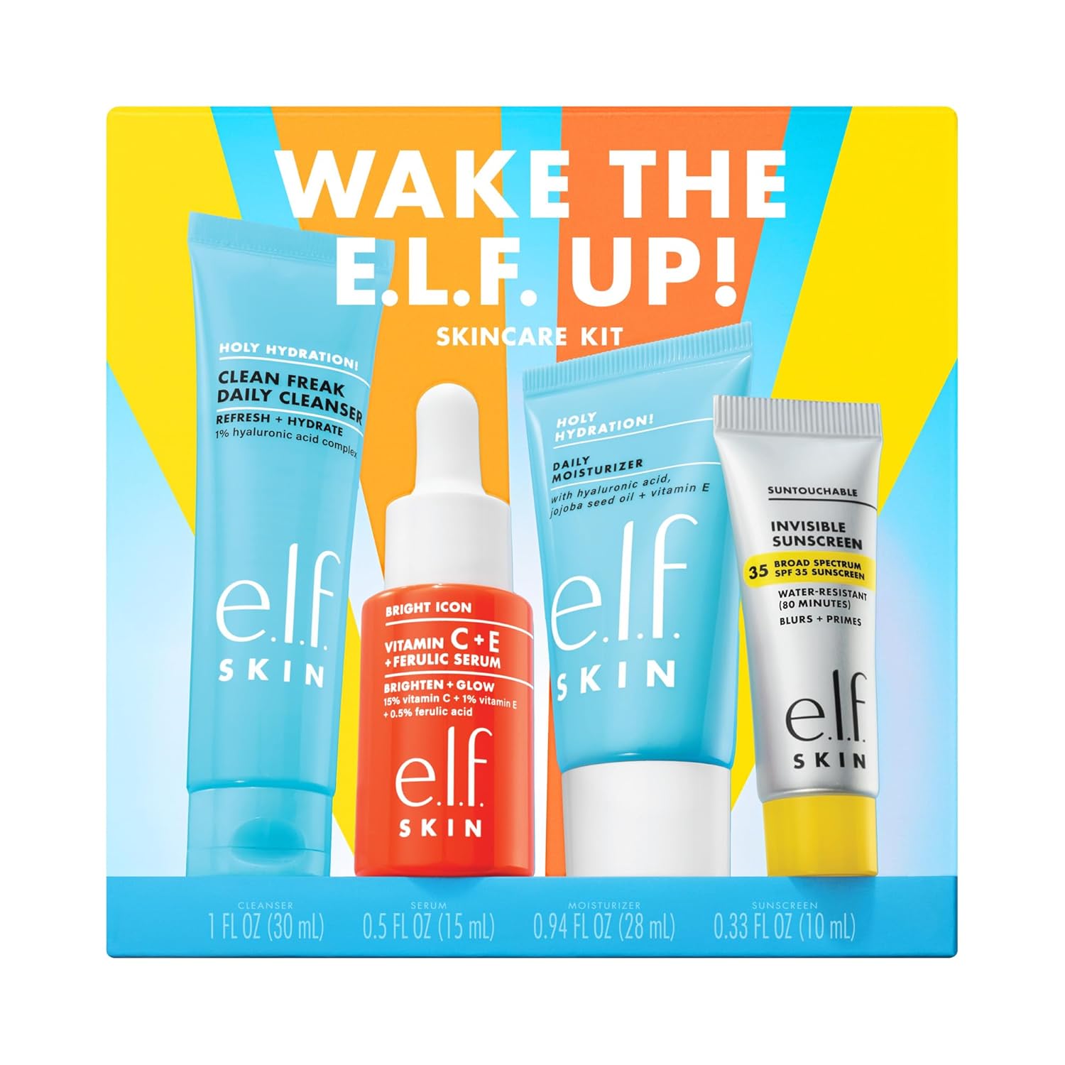 e.l.f. SKIN Wake the e.l.f. Up Skincare Kit | Travel-Size Hydrating Face Cleanser, Sunscreen, Moisturizer & Brightening Serum, Vegan & Cruelty-Free