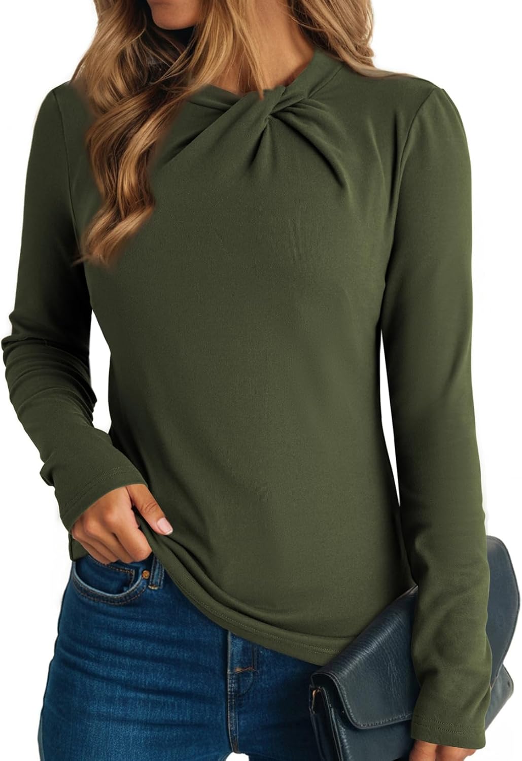 Dokotoo Womens Tops Business Casual Outfits Long Sleeve Shirts Mock Neck Twist Knot Slim Fit Soft Stretch Tees Blouses