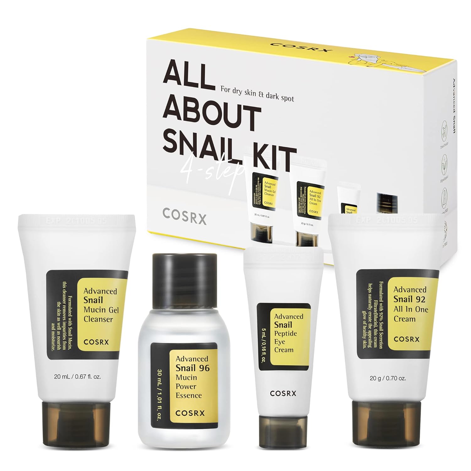 COSRX All About Snail Mucin Korean Skin Care Set, Mini Travel Essentials | Travel Size Gift Set with Snail Mucin Face Wash, Serum, Moisturizer & Eye Cream, Rejuvenating Kit, Self Care Gift Set