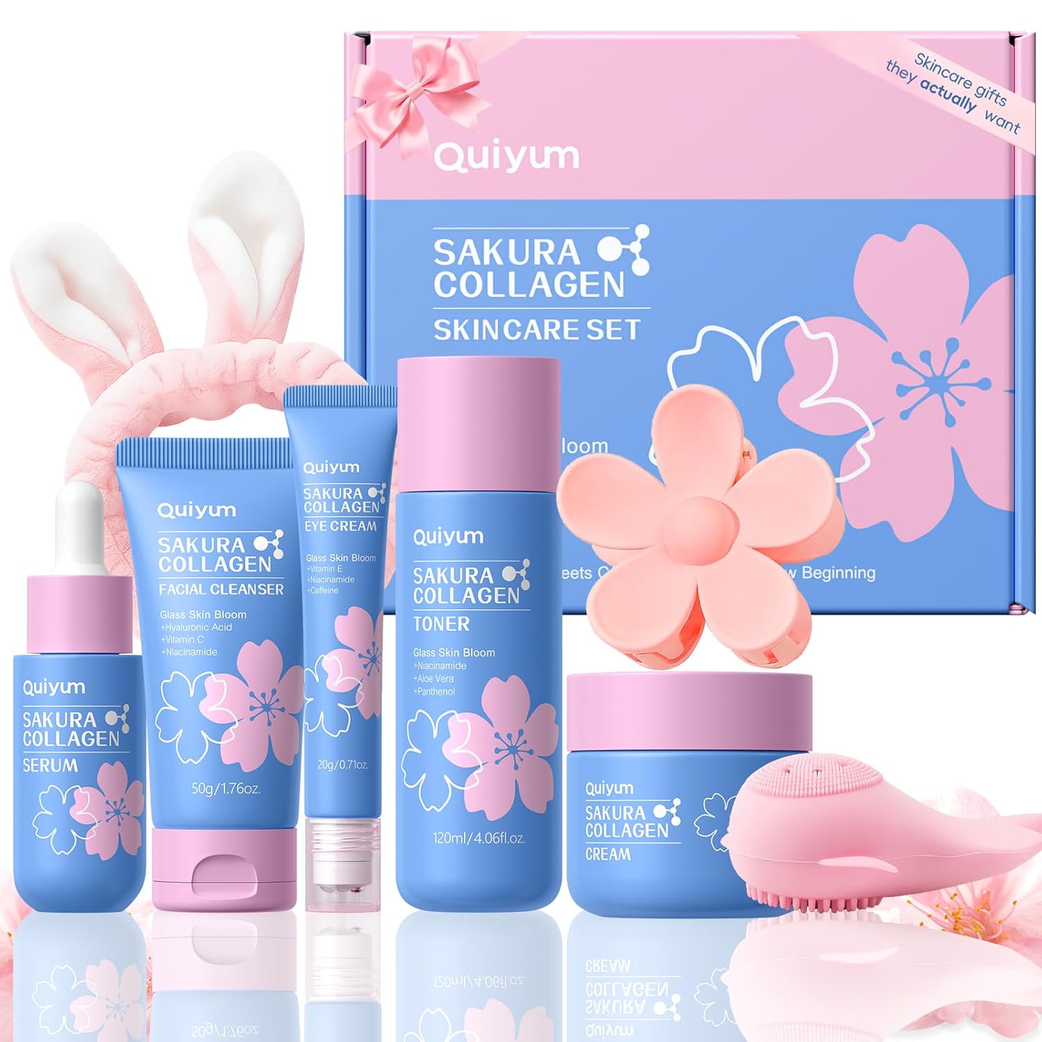 Sakura Collagen Skincare Set - 8-Piece Glass Skin Routine for Women | Cleanser, Toner, Serum, Eye Cream, Moisturizer | Hydration, Firm, Glow for All Skin Types, Skin Care Gift Sets