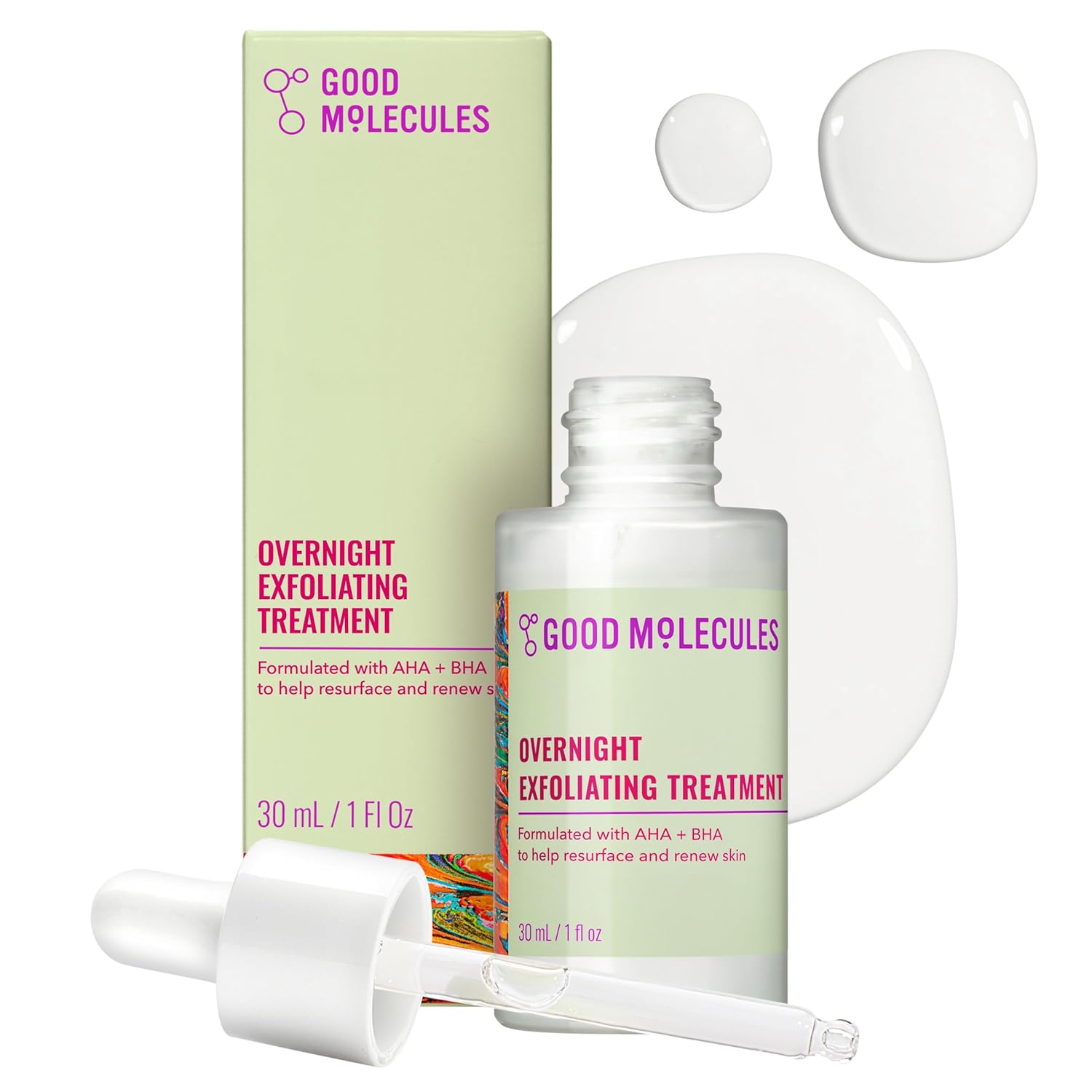 Good Molecules Overnight Exfoliating Treatment, AHA BHA Exfoliant, 1 fl oz | Resurfaces and renews the look of skin overnight with AHA and BHA. Use up to 3 nights a week with daytime SPF.