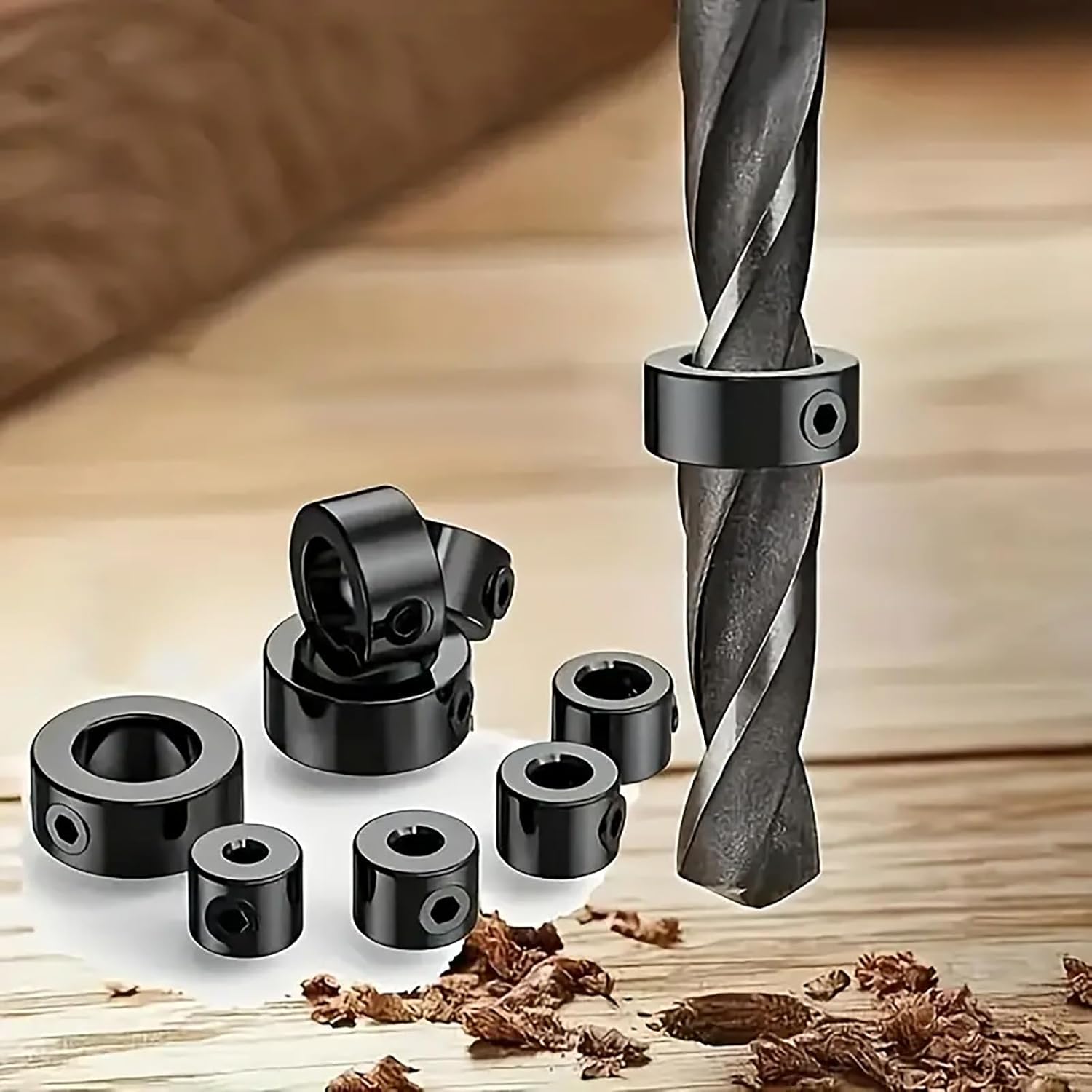 8 Pcs Adjustable Drill Depth Stop Collar Set Precision Guide Rings for Working and DIY Projects with Wrench Drill Depth Tool(Black)