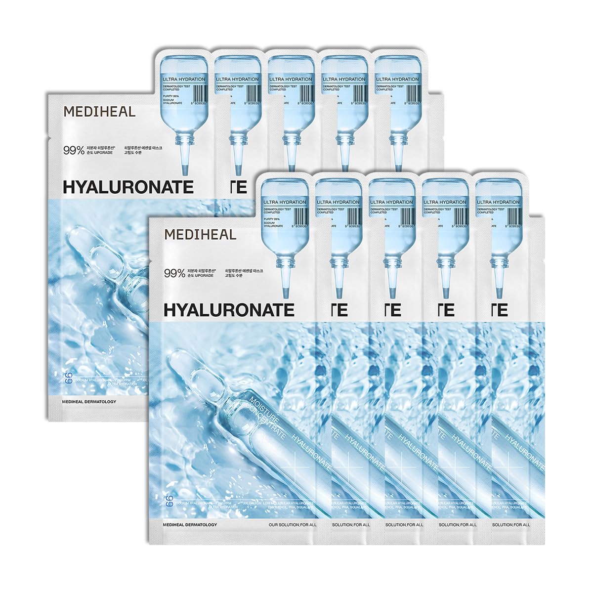 MEDIHEAL Hyaluronic Acid Essential Face Sheet Mask, Deep Hydration (10ea) | with Glutathione, Ceramide | Moisture Barrier | Plastic-Free Vegan Sheet | Korean Skincare