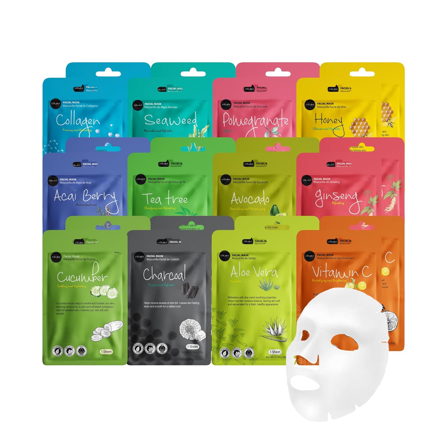 Celavi Collagen Facial Face Mask (24-Sheets) Classic Korean Skincare | Twenty-four Korean sheet masks, two each of twelve formulas. Collagen, aloe, vitamin C, tea tree, charcoal and more.
