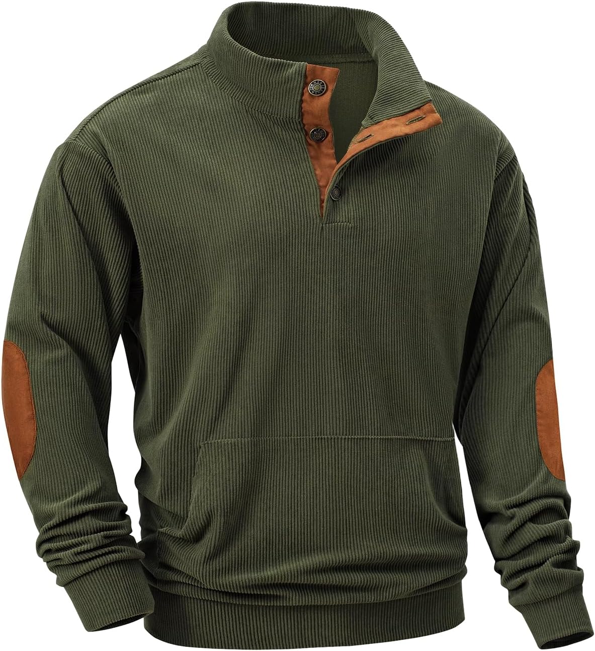 JMIERR Mens Corduroy Sweatshirt Casual Stand Collar Quarter Fall Metal Button Pullover Sweaters Long Sleeve with Pockets