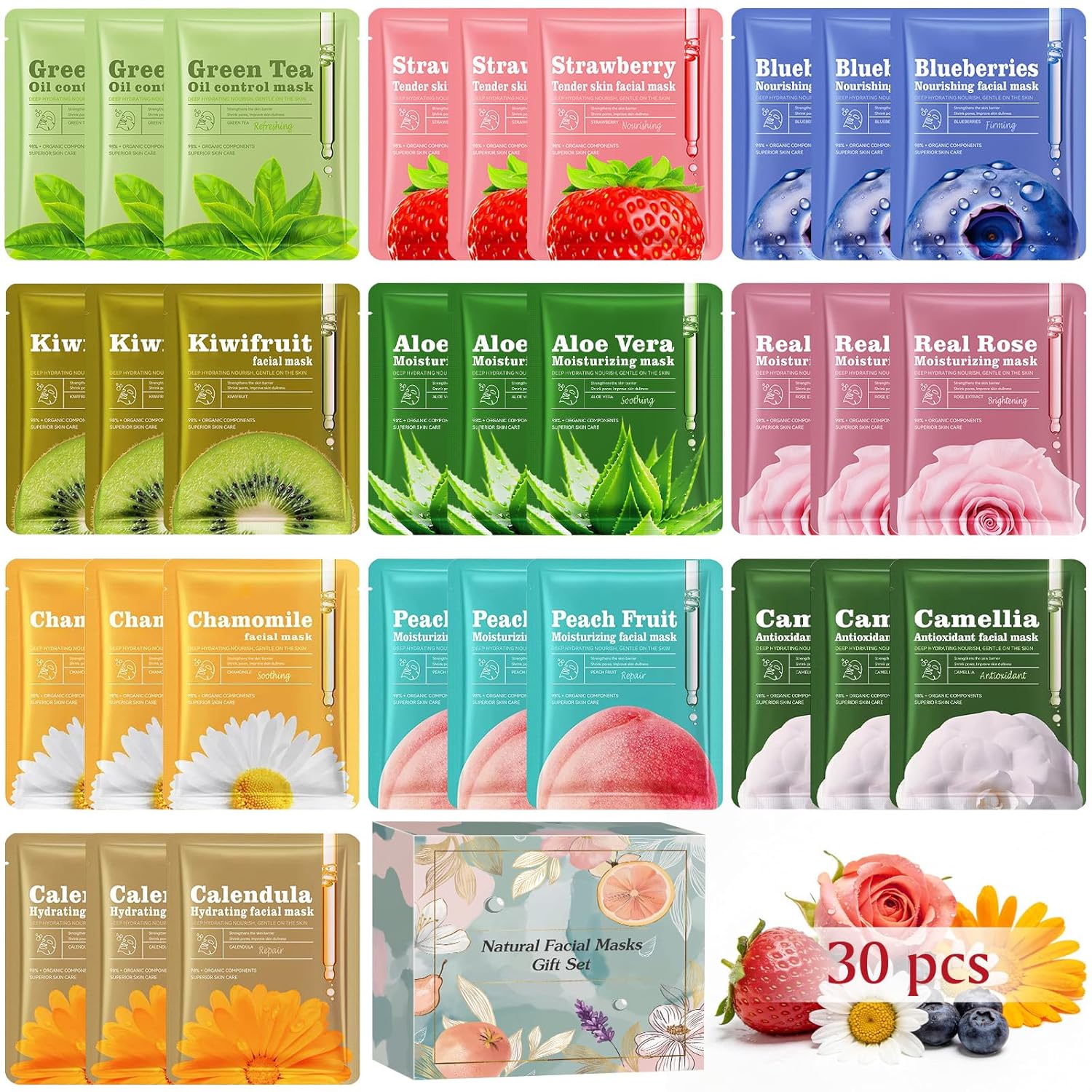 30pcs Face Masks Skincare, Bulk Facial Masks for Women Skin Care, Sheet Masks with Natural Ingredients, Gifts Set for Face Spa, Birthday Party Spa Gift