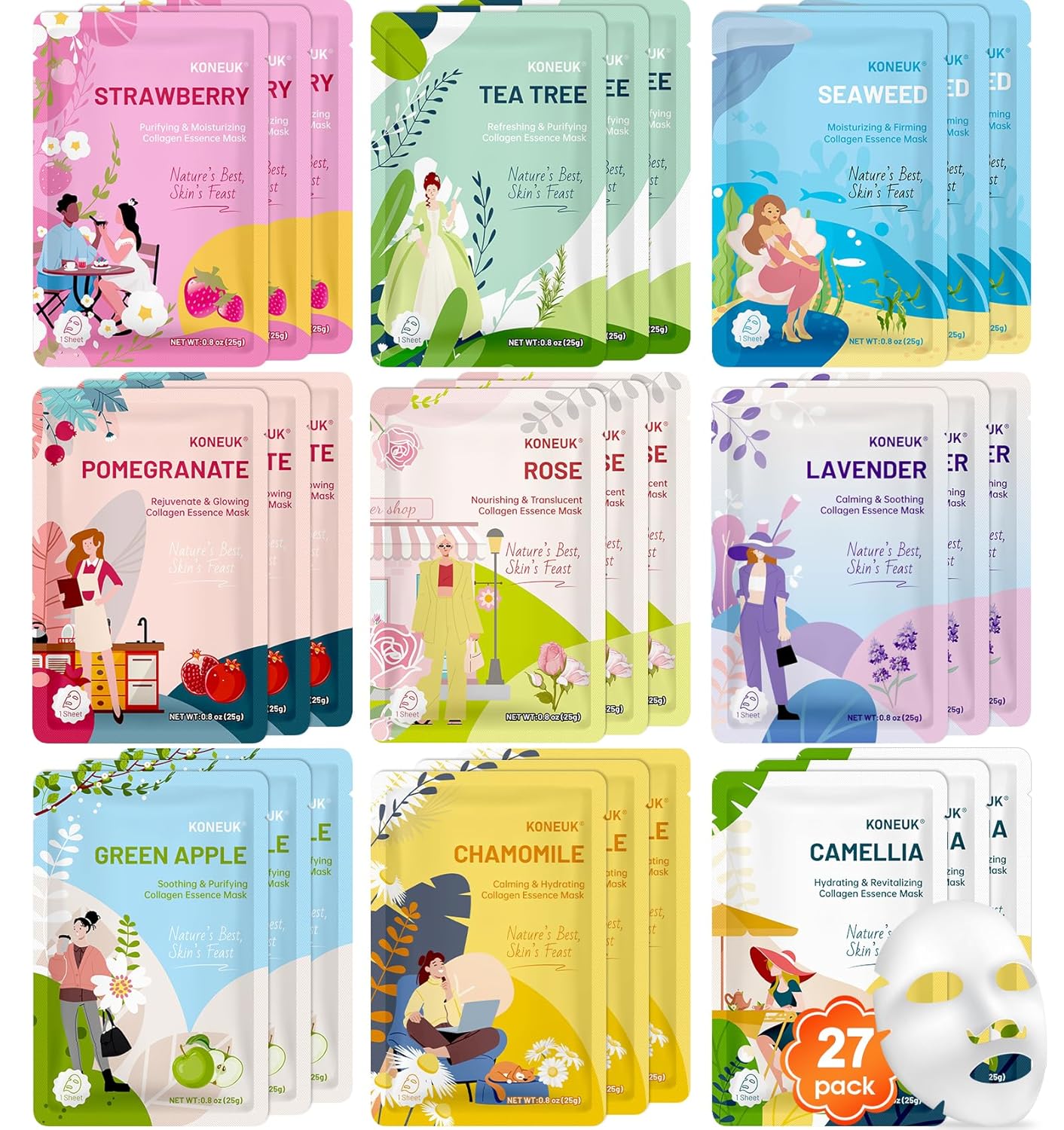 KONEUK 27 Pack Collagen Sheet Face Masks Skincare for Women | Bulk Hydrating Face Mask Set for Dry Skin, Moisturizing Facial Masks for Skin Care, Spa Party Supplies and Bulk Gifts