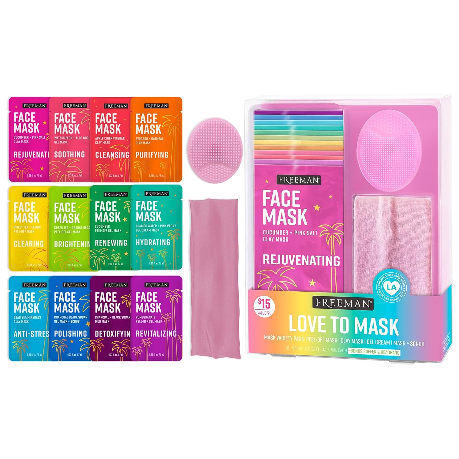 Freeman 14 Piece Love To Mask Variety Pack, Face Masks | Clear and hydrate skin, skin care kit with clay mask for face, self care kit, bonus headband and skin buffer