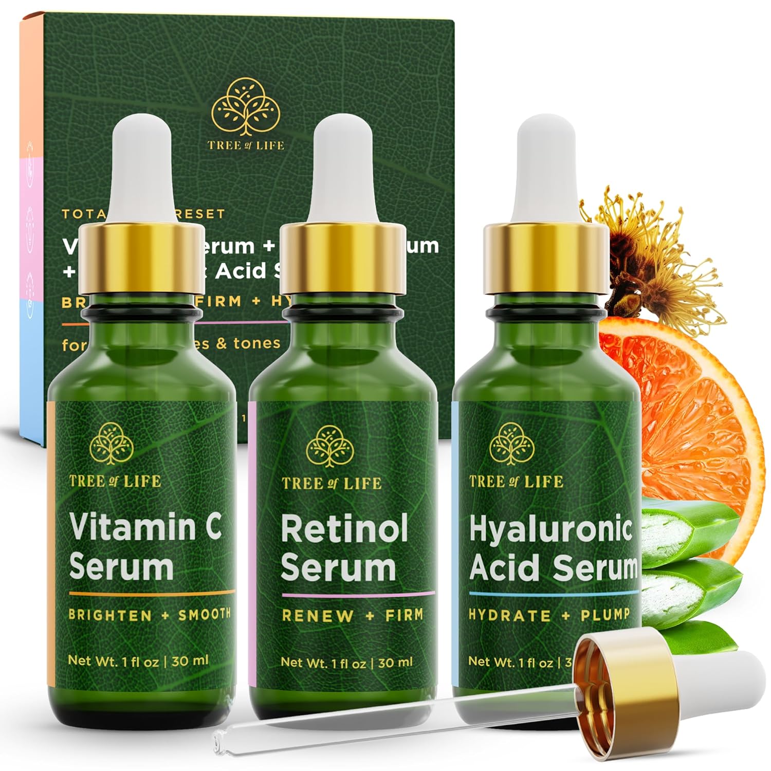 Tree of Life Face Serum Skin Care, Facial Serum for Women and Men, Set of 3 | Hydrating facial serum set. Includes Vitamin C, Retinol, and Hyaluronic Acid serum for brightening and firming.