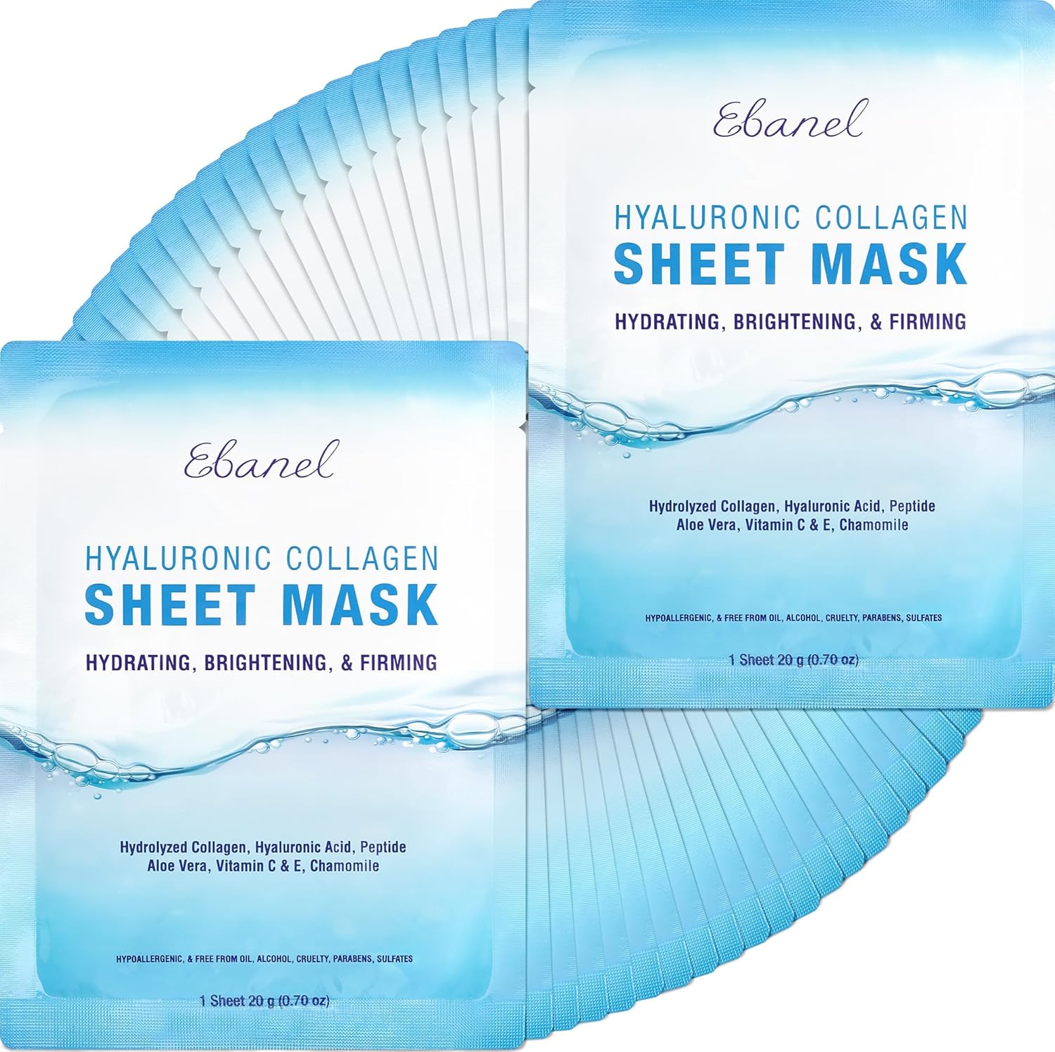 Ebanel 40-Pack Collagen Face Mask with Hyaluronic Acid, Vitamin C, Peptide | Instant Brightening Hydrating Face Masks Skincare Korean Sheet Mask, Skin Firming, Lifting Anti Aging Facial Masks