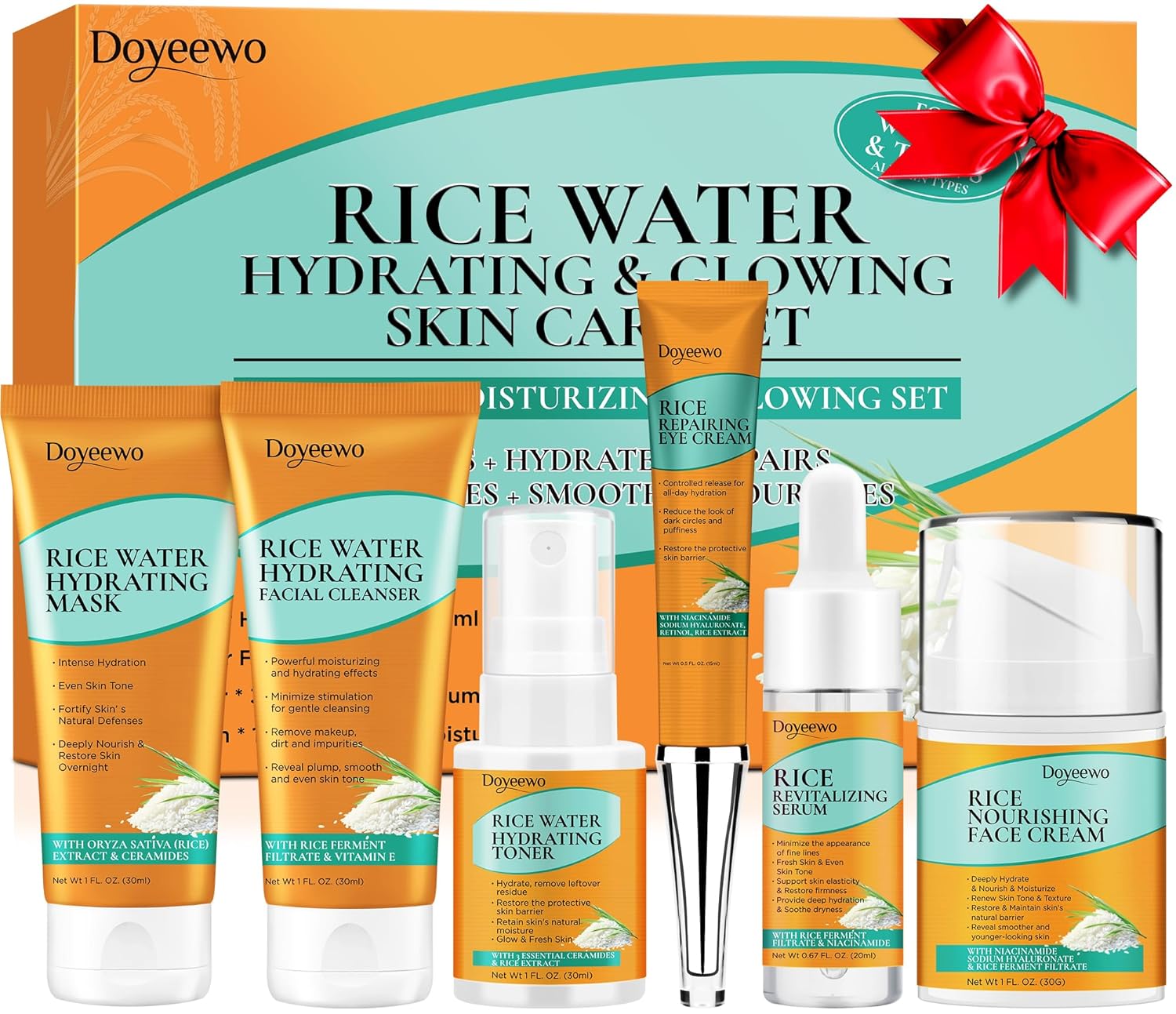 Skin Care Set w/Korean Rice Extract for Hydration,Glow,Repair &Radiant Skin | 6Pcs Women Teen Glass Skincare Routine Kit Self Care Gifts for Women Mom Wife Teenage Girl Valentines Christmas Gifts