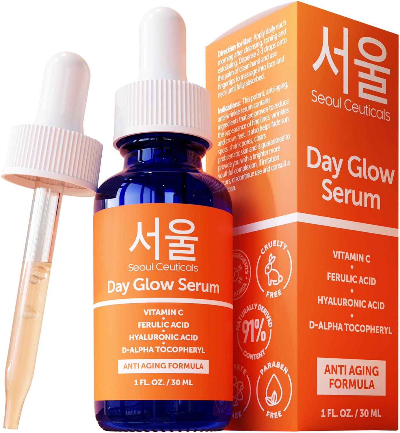 SeoulCeuticals Korean Skin Care 20% Vitamin C Serum for Face + CE Ferulic | 1oz C E Ferulic Vit C Facial Oil with Hyaluronic Acid, Vitamina E, Vegan, Cruelty Free, Anti Aging K Beauty Glow C+E Skincar