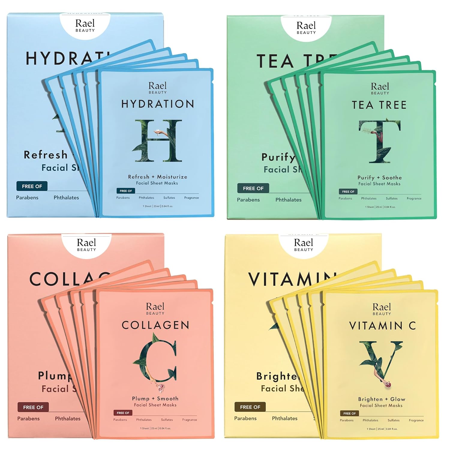 Rael Bamboo Face Sheet Masks, Daily Hydration Skincare (Variety, 20 Ct) | Vitamin C, Collagen & Tea Tree, Hydrating, Moisturizing, Nourishing, Dewy Skin Care, Korean Skincare, All Skin Types