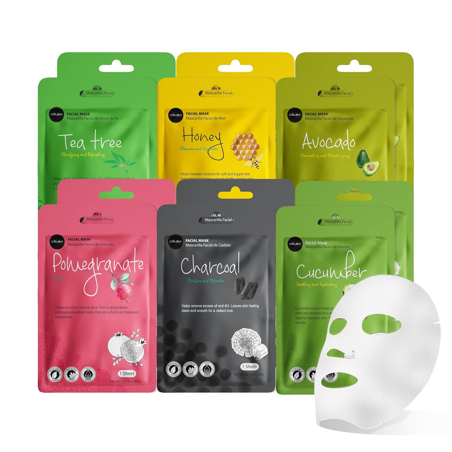 celavi Essence Facial Face Mask Paper Sheet Korea Skin Care Moisturizing 12 Pack (Mix - 2 of Each) | Twelve Korean essence masks for men, two each of six formulas. Charcoal, tea tree, cucumber, honey,