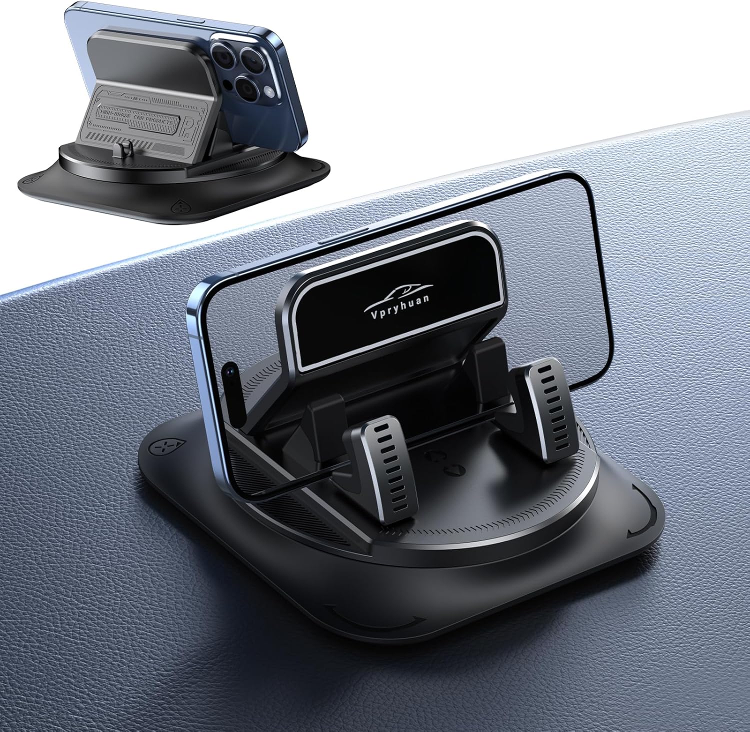 360 Degree Rotation Dashboard Phone Holder for Car, Anti-Slip Grips & One-Hand Operation Car Cell Phone Mount with Adjustable Spring Clip, Compatible with iPhone Samsung All Smartphones