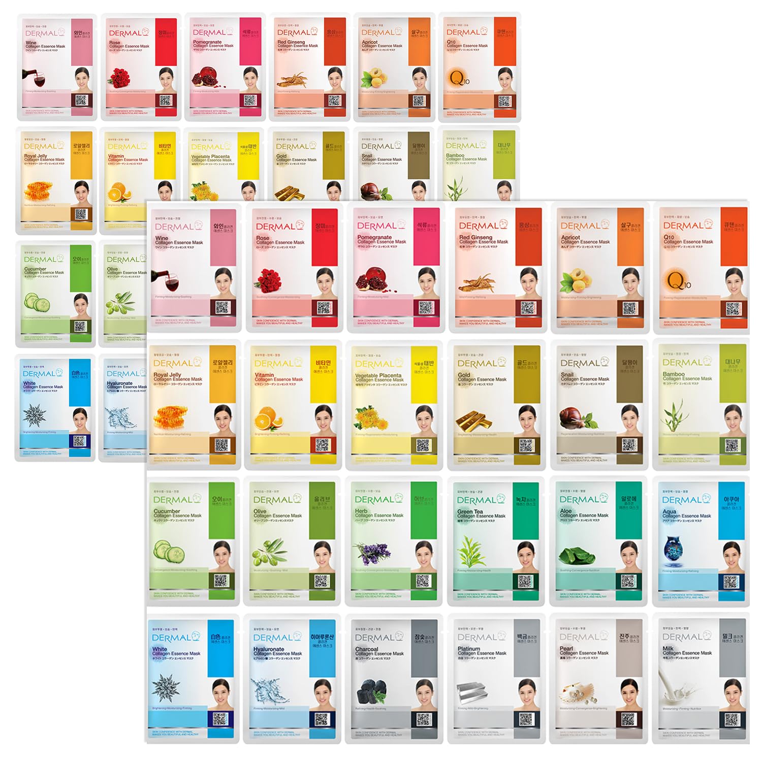 DERMAL 48 Korean Essence Sheet Mask Variety Pack, 24 Formulas x 2 Each | 48 masks, 24 formulas with 2 of each - collagen, hyaluronic, vitamin, snail, aloe, pearl & more; individually wrapped