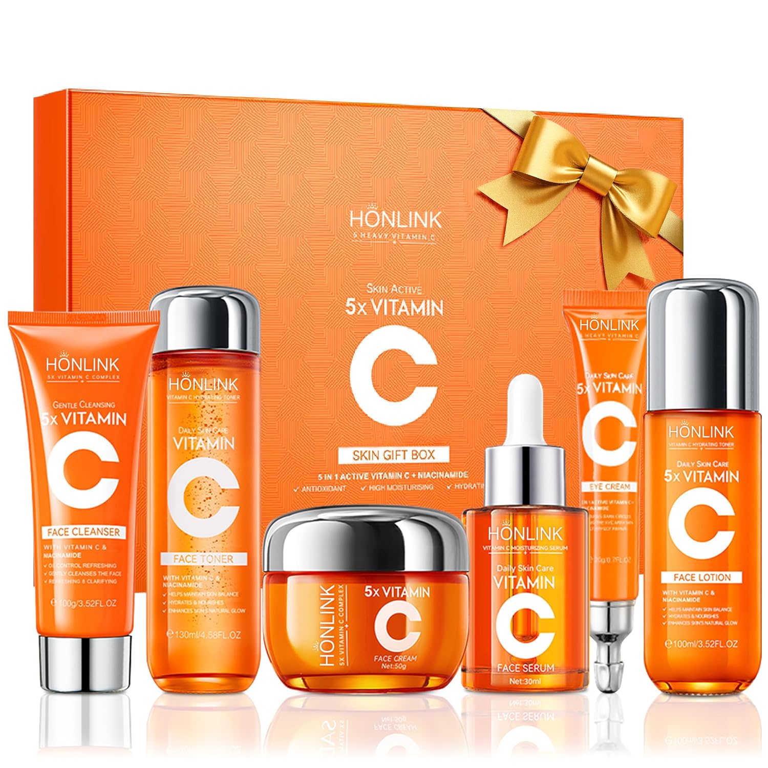 Vitamin C Niacinamide Skincare Set, Daily Facial Care Routine with 6-Piece | Includes Cleanser, Toner, Serum, Moisturizer, Eye Cream & Lotion, Gentle Formula, All Skin Types