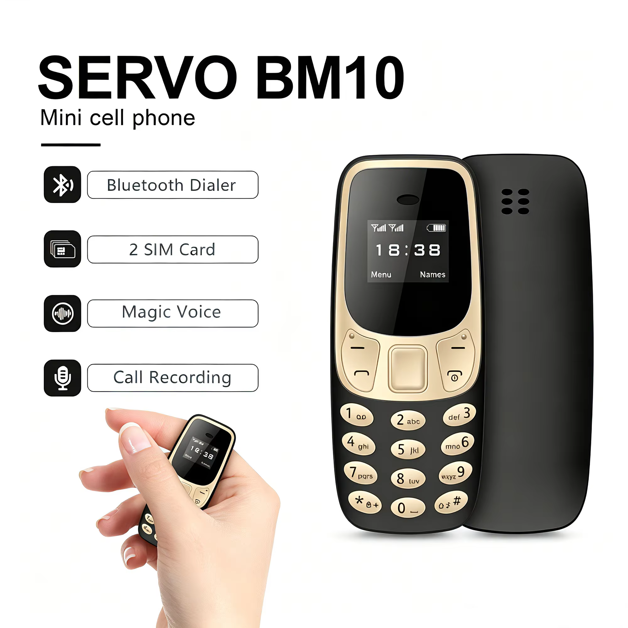 SERVO BM10 Mini Mobile Phone 2 SIM Card Bluetooth Earphone Voice Changer Dialer Cheap Phones Low Radiation Sound Recording Small Cellphone