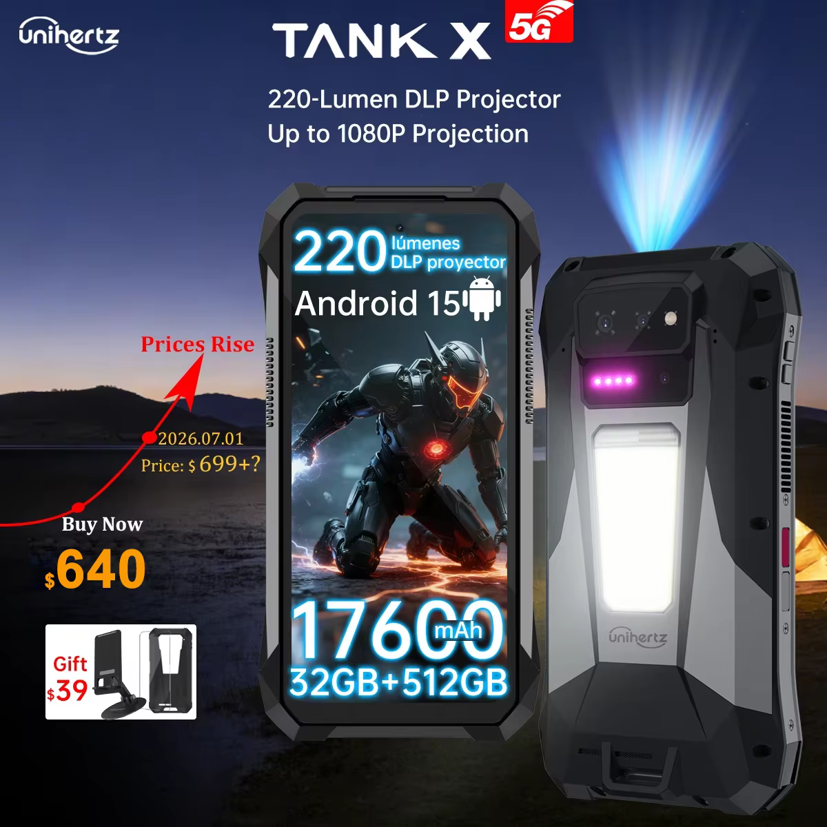 World premiere】Unihertz by 8849 TANK X Rugged Phone 5G Android 15 Built-in 1080P 220 lumen Projection 17600mah Battery 32+512GB - AliExpress 509
