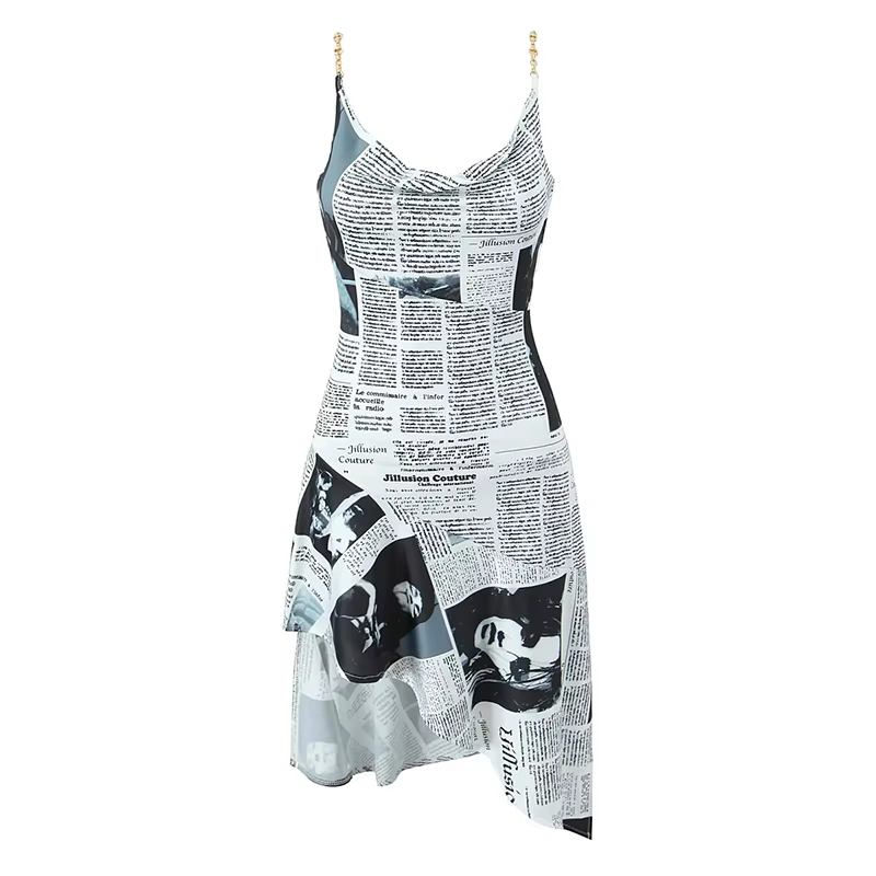 YENKYE New Women Newspaper Letter Print Irregular Hem Sling Dresses Fashion Backless Thin Straps With Chain Summer Sexy Dress