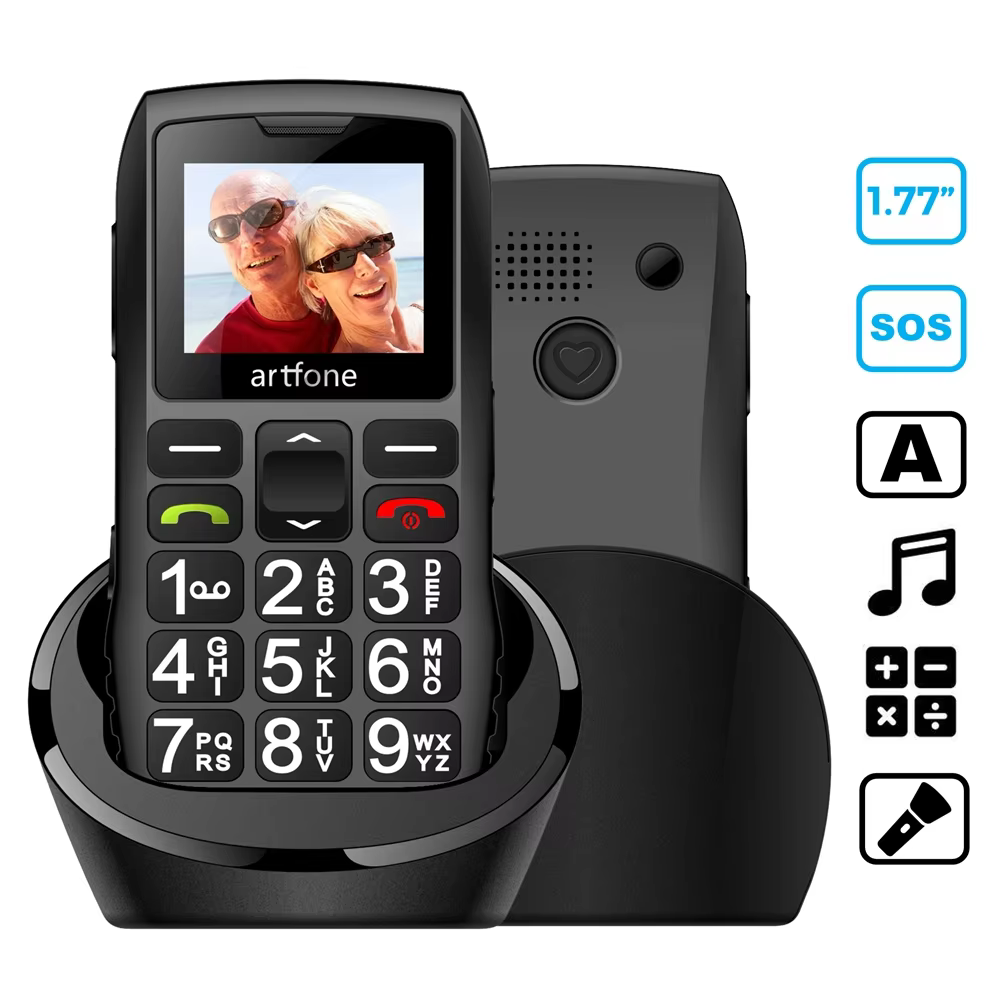 Téléphone mobile senior Artfone C1+ avec station de charge gratuite, grand clavier en caoutchouc, pour personnes âgées, double SIM, SOS à une touche, FM, 1400 mAh