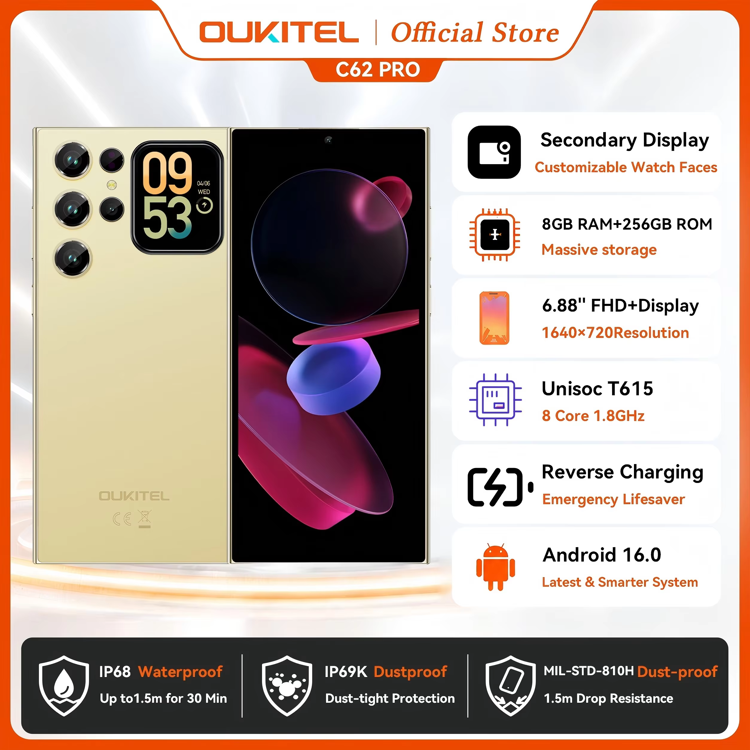 OUKITEL C62 Pro Smartphone Android 15, 6.88" HD + affichage Unisoc T615 téléphone portable, 24 Go (8 + 16 + 256 Go, 5150 mAh batterie NFC Mobile