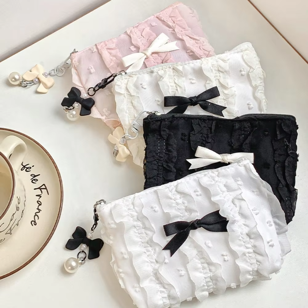 Cute Women Makeup Mini Bag Korean Lace Bow Portable Coin Purse Small Pouch Handbag Kawaii Female Cosmetic Storage Zipper Bag