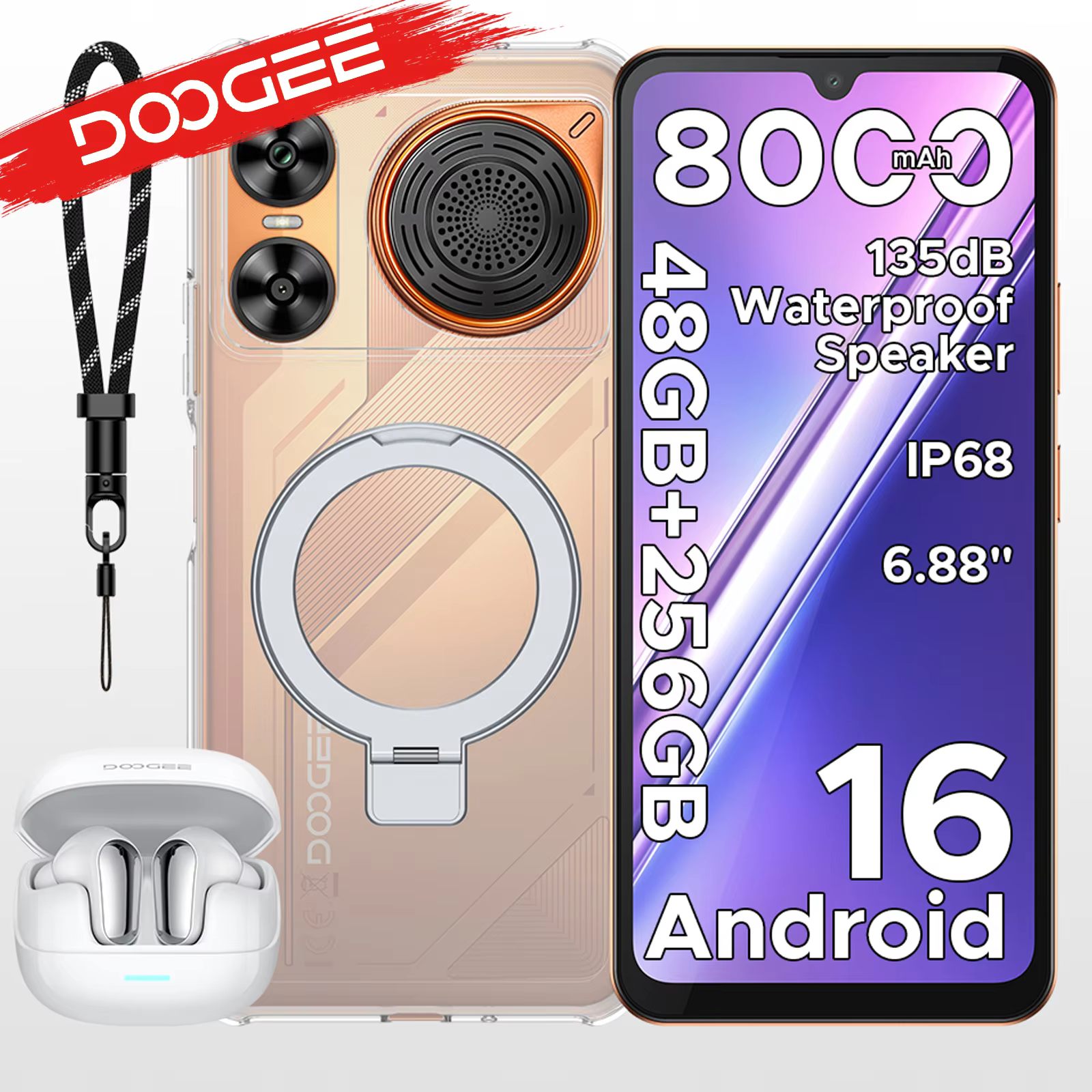 Smartphone DOOGEE M30 Ai 6,88 pouces, étanche IP68, Android 16, batterie 8000 mAh, 48 Go de RAM (6+42), 256 Go de ROM, appareil photo 64 MP, Widevine L1, compatible Google Pay, avec haut-parleur à lar