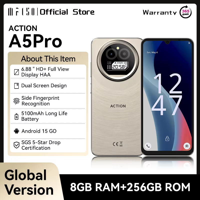 IIIF150 Action A5Pro Téléphone Android 15 Go Smartphone 12 Go de RAM 256 Go de ROM Écran HD+ 6,8 pouces Conception à double écran Batterie 5100 mAh