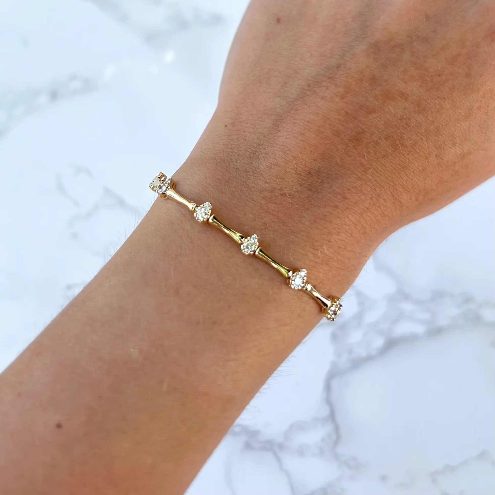 Gold Color CZ Tear Drop Charm Bamboo Bone Shaped Tennis Chain Fashion Women Bracelet