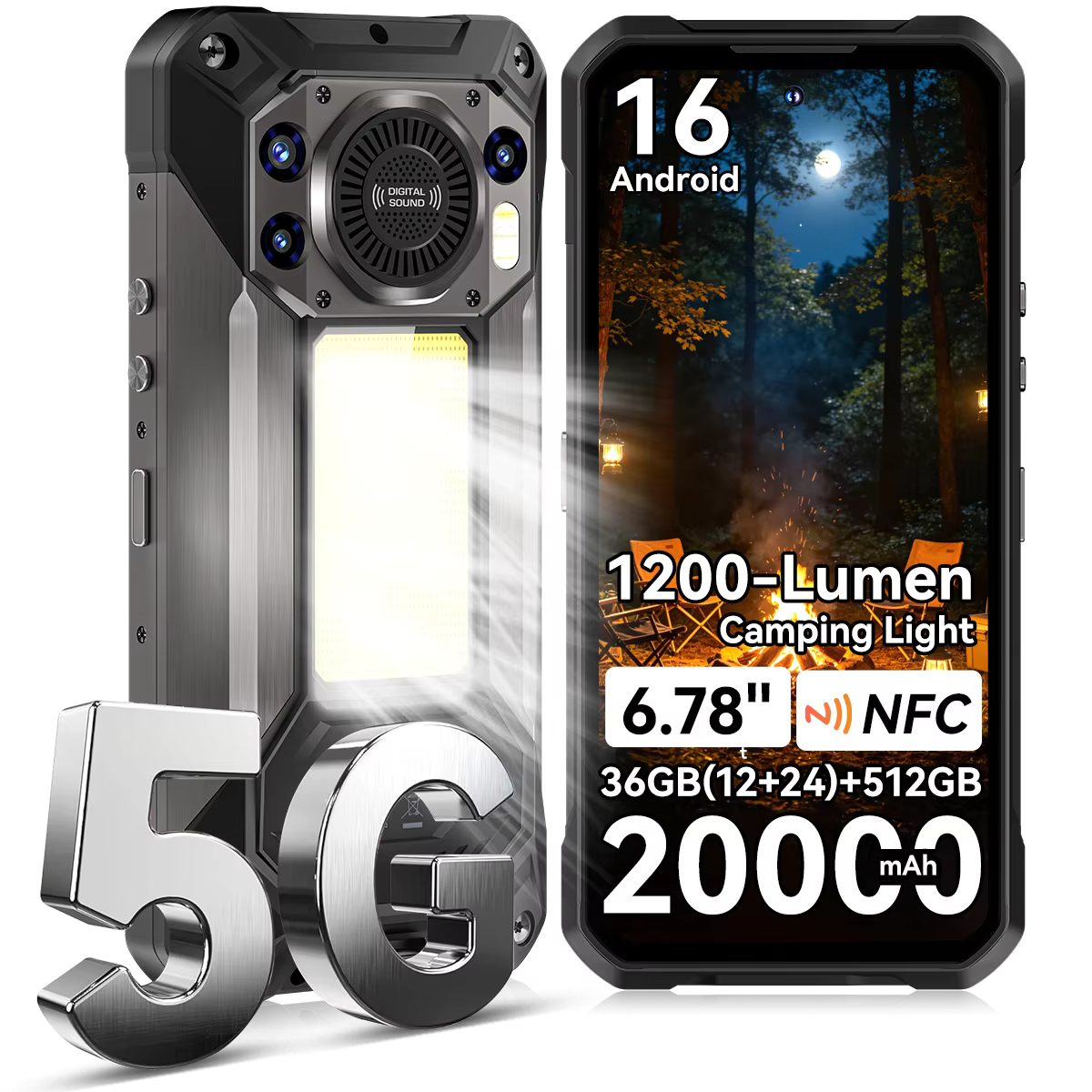 Oukitel WP61 5G Smartphone Robuste 36GB(12+24)+512GB Android 16 Écran HD+ 6,78'' Lampe de Camping 1200 Lumens 20000mAh 45W 108MP NFC