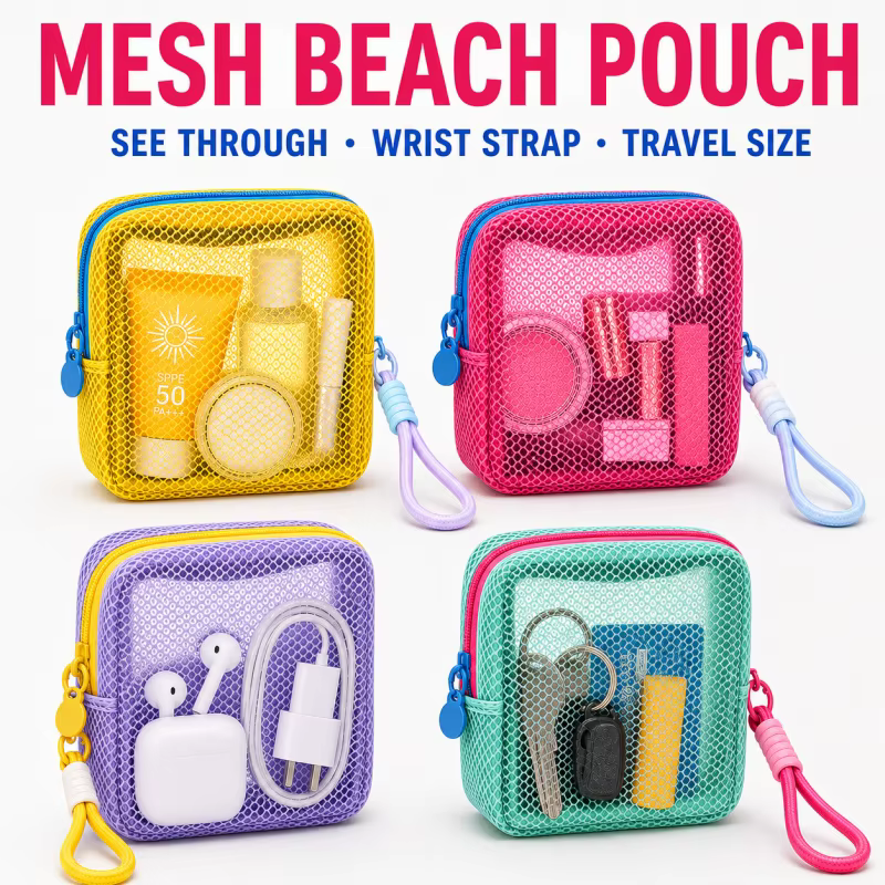 Small Mesh Beach Pouch Clear Cosmetic Bag with Detachable Wrist Strap Travel Organizer for Sunscreen Keys Cables - AliExpress 1524