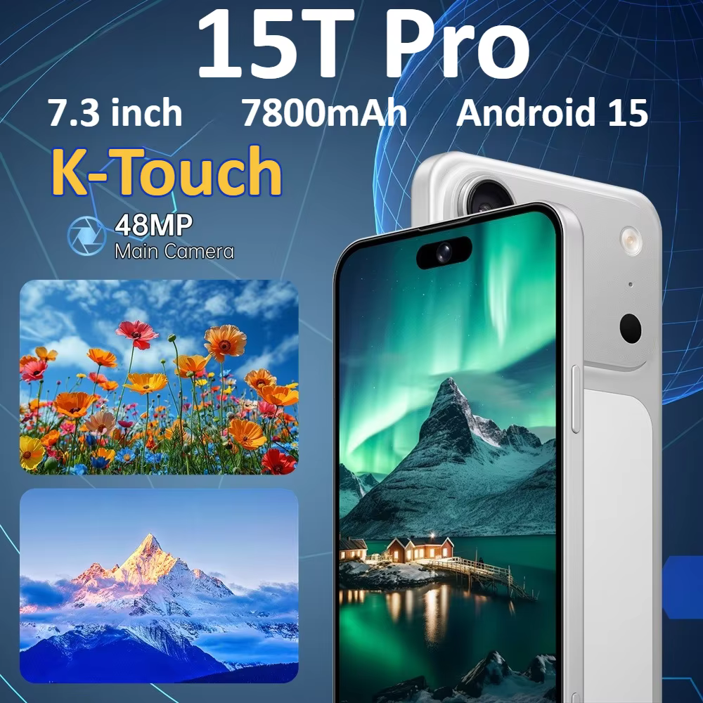 Téléphones mobiles K-Touch 15T Pro Smartphone Android 15 Téléphone portable 7,3 pouces 22G+2TB 16+48MP 5G Double SIM 7800mAh Déverrouillage par empreinte digitale Version globale Téléphones portables 