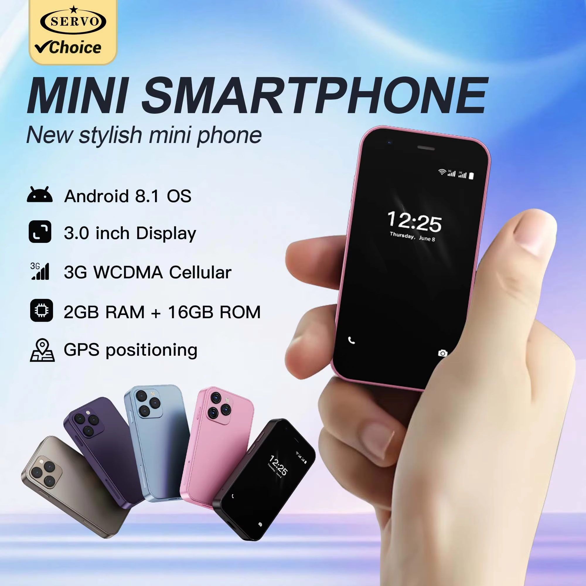 SERVO 15SE Mini smartphone 3G WCDMA double SIM, système Android, écran 3,0 pouces, RAM 2 Go, ROM 16 Go, GPS, Play Store, appareil photo, lampe de poche, déverrouillage facial, petit téléphone portable