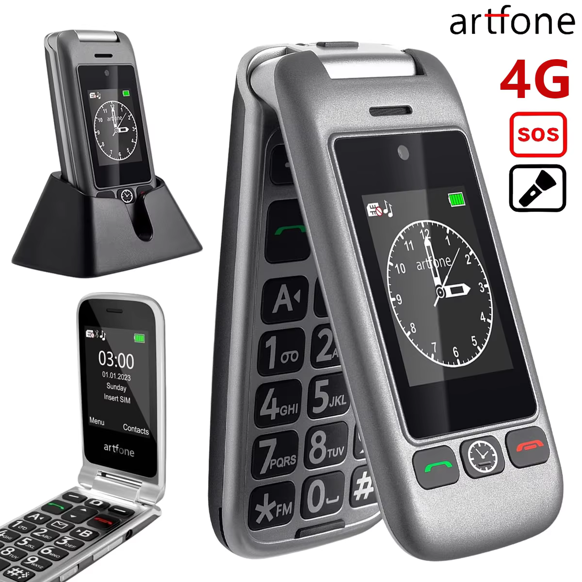 Téléphone à clapet Artfone G6 4G pour seniors, téléphone basique débloqué, double écran 2,4 + 1,8 pouces, lampe de poche, gros boutons, téléphone d'urgence SOS