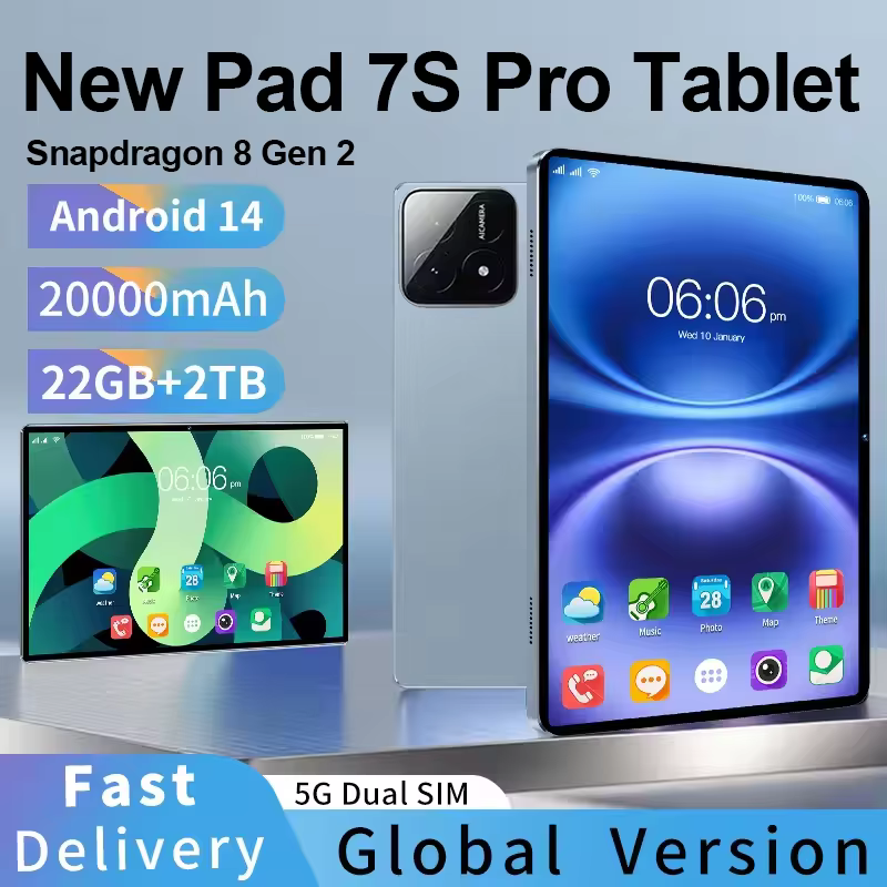 Tablette PC 7S Pro 2026 Snapdragon 8 Gen2 Android 14 22 Go + 2 To 5G Double SIM 4K HD GPS WiFi Tablette Mondiale