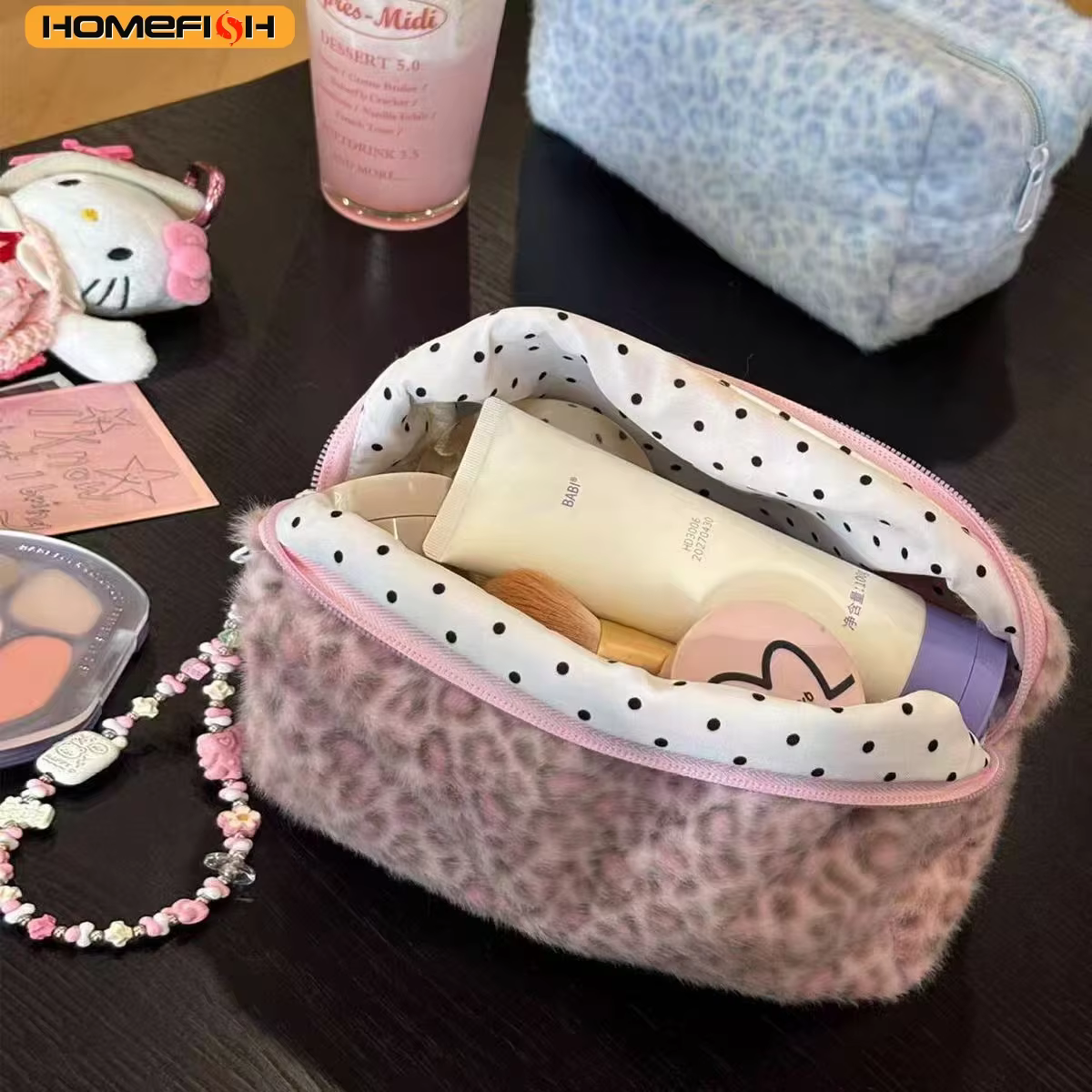 Durable Fuzzy Leopard Print Makeup Bag, Women's Toiletry Organizer, Portable Cosmetic Storage Pouch for Girl Daily Outdoor Use